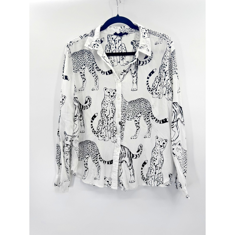 Jane & Delancey Tiger Cheetah Leopard Print B&W Button Up Top Large Animal Motif